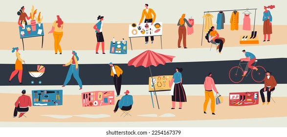 Comercialización de segunda mano o venta de garaje, personas que venden pertenencias personales, ropa y utensilios de cocina en la calle. Hombres y mujeres en el mercado. Mujer caminando con buggy, hombre en bicicleta. Vector de estilo plano