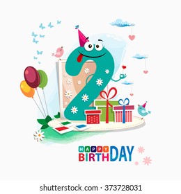 Second Happy Birthday card. Happy third birthday card vector with gift box and balloons