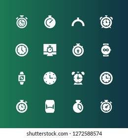 second icon set. Collection of 16 filled second icons included Chronometer, Hourglass, Stopwatch, Clock, Alarm clock, Wall clock, Wristwatch, Watch, Noon