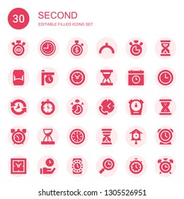 second icon set. Collection of 30 filled second icons included Stopwatch, Clock, Noon, Chronometer, Hourglass, Clocks, Sand clock, Time, Stop watch, Alarm clock, Cuckoo