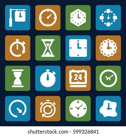 second icons set. Set of 16 second filled icons such as clock, hourglass, wall clock