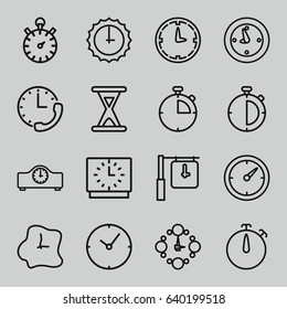 Second icons set. set of 16 second outline icons such as clock, hourglass, wall clock, sundial