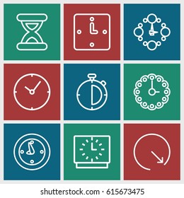 Second icons set. set of 9 second outline icons such as clock, hourglass, wall clock