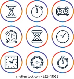 Second icons set. set of 9 second outline icons such as hourglass, wall clock, clock