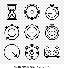Second icons set. set of 9 second outline icons such as stopwatch, wall clock, sundial, clock