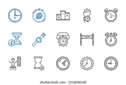 second icons set. Collection of second with clock, wall clock, hourglass, timer, finish, alarm clock, watch, podium, stopwatch, time. Editable and scalable second icons.
