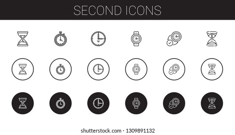 second icons set. Collection of second with hourglass, stopwatch, time, watch, wall clock. Editable and scalable second icons.