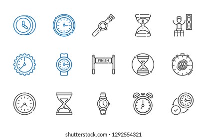 second icons set. Collection of second with wall clock, clock, watch, hourglass, stopwatch, finish, timer. Editable and scalable second icons.