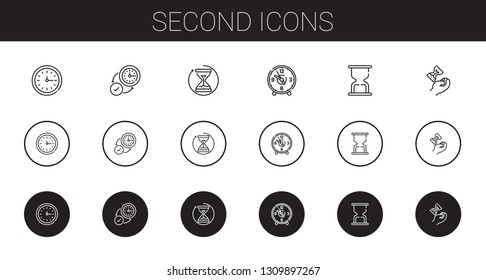 second icons set. Collection of second with wall clock, hourglass, clock. Editable and scalable second icons.
