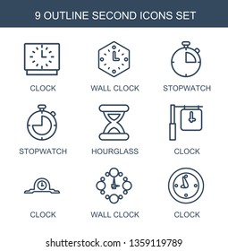 second icons. Trendy 9 second icons. Contain icons such as clock, wall clock, stopwatch, hourglass. second icon for web and mobile.
