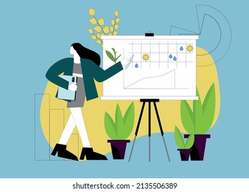 The Second Illustration Is From A Set About Protecting Nature On The Planet. The Girl Shows The Graph. Environmental Theme For The Presentation