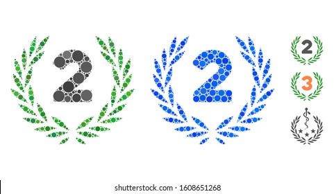 Second laurel wreath composition of filled circles in different sizes and color tinges, based on second laurel wreath icon. Vector small circles are composed into blue mosaic.