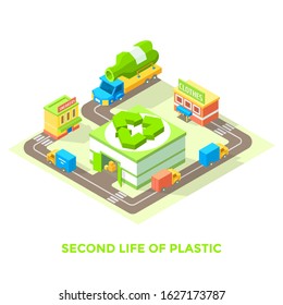 Second life of plastic. Plastic recycling concept design. Vector illustration in trendy isometric style