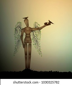 second life for recycle wood, creative solution of helping the birds concept, vector