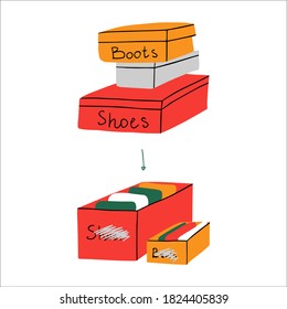 Second Life Of Shoes Boxes. The Way Of Zero Waste By Using Unnecessary Boxes And Folding Clothes In Them.