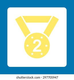 Second medal icon from Award Buttons OverColor Set. Icon style is yellow and white colors, flat rounded square button, blue background.