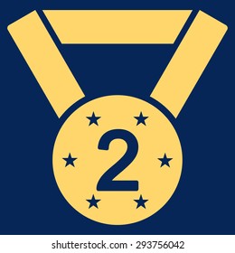 Second medal icon from Competition & Success Bicolor Icon Set. Vector style: flat symbols, yellow color, rounded angles, blue background.