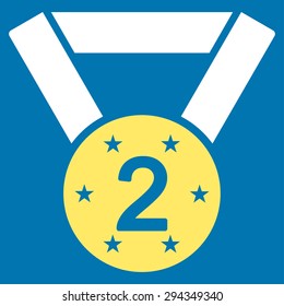Second medal icon from Competition & Success Bicolor Icon Set. Vector style: flat bicolor symbols, yellow and white colors, rounded angles, blue background.
