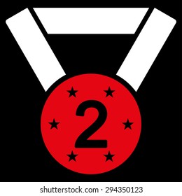 Second medal icon from Competition & Success Bicolor Icon Set. Vector style: flat bicolor symbols, red and white colors, rounded angles, black background.