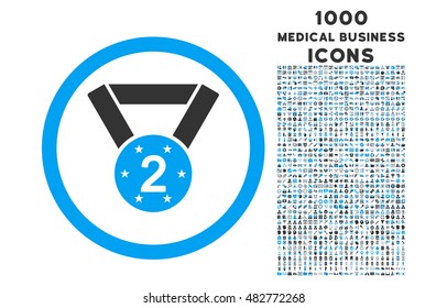 Second Medal rounded vector bicolor icon with 1000 medical business icons. Set style is flat pictograms, blue and gray colors, white background.