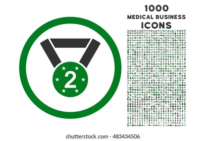 Second Medal rounded vector bicolor icon with 1000 medical business icons. Set style is flat pictograms, green and gray colors, white background.