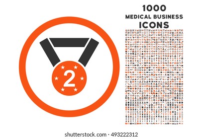 Second Medal rounded vector bicolor icon with 1000 medical business icons. Set style is flat pictograms, orange and gray colors, white background.