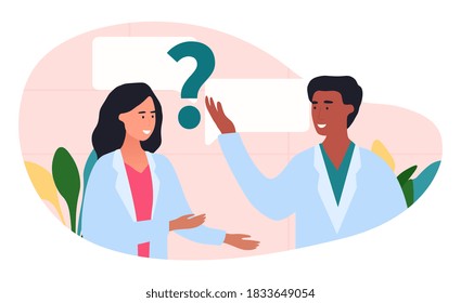 The Second Medical Opinion Abstract Concept. Two Multi-racial Doctors In White Coats Are Talking, And There Is Question Mark Between Them. Flat Cartoon Vector Illustration