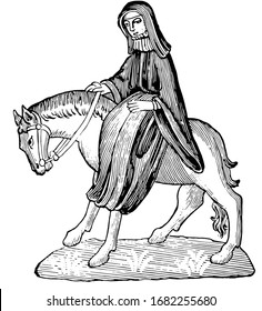 The Second Nun from Chaucer's Canterbury Tales, this picture shows a woman or Nun riding on horse, vintage line drawing or engraving illustration