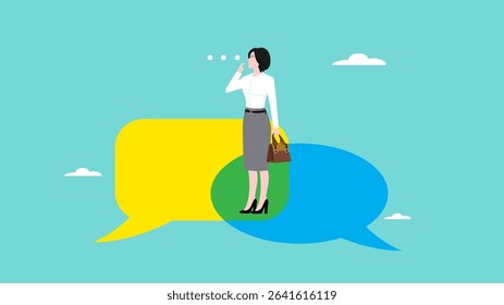 Second opinion, make a decision from two opinions, suggestions for consideration, reasons or logical thinking to make decisions, Business woman stand to consider between two opinions to make decisions