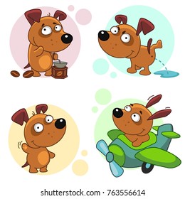 The second part of the collection of icons with dogs for design. The dog at the coffee grinder grinds coffee beans, the dog pisses, the dog waves with his paw and greets, the dog flies on the plane.