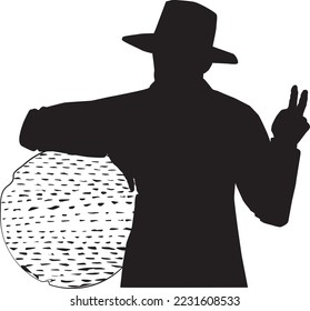 Second Passover Vector black silhouette of an ultra-Orthodox Jewish man with a hat, Hasidic. Leans on a round matzah, a huge cracker, and raises two fingers in a V shape.