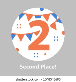 Second place, award ceremony, number two, celebrating event, successful accomplishment, reward program, vector flat illustration