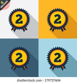 Second place award sign icon. Prize for winner symbol. Four squares. Colored Flat design buttons. Vector