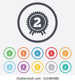 Second place award sign icon. Prize for winner symbol. Round circle buttons with frame. Vector