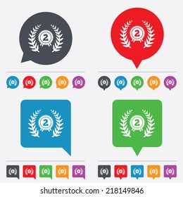 Second place award sign icon. Prize for winner symbol. Laurel Wreath. Speech bubbles information icons. 24 colored buttons. Vector