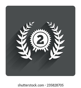 Second place award sign icon. Prize for winner symbol. Laurel Wreath. Gray flat square button with shadow. Modern UI website navigation. Vector