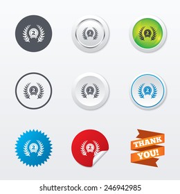 Second place award sign icon. Prize for winner symbol. Laurel Wreath. Circle concept buttons. Metal edging. Star and label sticker. Vector