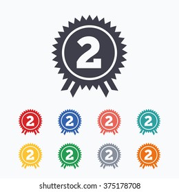 Second place award sign icon. Prize for winner symbol. Colored flat icons on white background.