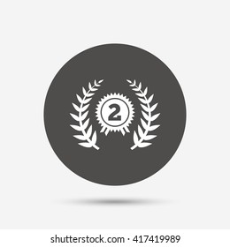 Second place award sign icon. Prize for winner symbol. Laurel Wreath. Gray circle button with icon. Vector