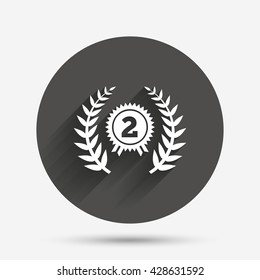 Second place award sign icon. Prize for winner symbol. Laurel Wreath. Circle flat button with shadow. Vector