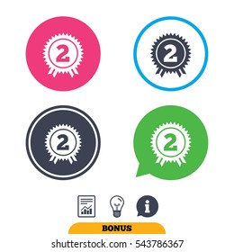 Second place award sign icon. Prize for winner symbol. Report document, information sign and light bulb icons. Vector