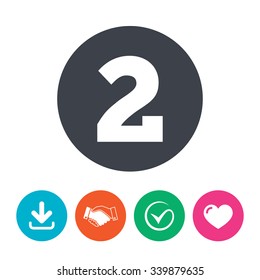 Second place award sign. Winner symbol. Step two. Download arrow, handshake, tick and heart. Flat circle buttons.
