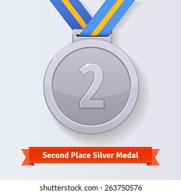 Second place award silver medal with blue ribbon. Vector icon.