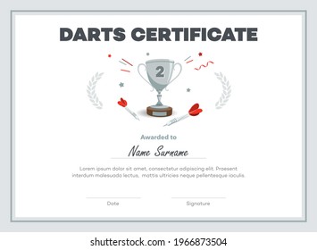 Second place darts certificate diploma with place for your content. Isolated on white background.