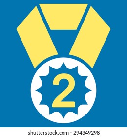 Second place icon from Competition & Success Bicolor Icon Set. Vector style: flat bicolor symbols, yellow and white colors, rounded angles, blue background.