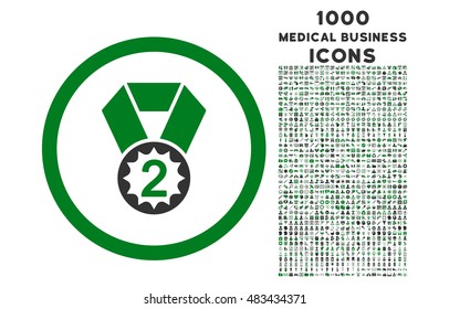 Second Place rounded vector bicolor icon with 1000 medical business icons. Set style is flat pictograms, green and gray colors, white background.