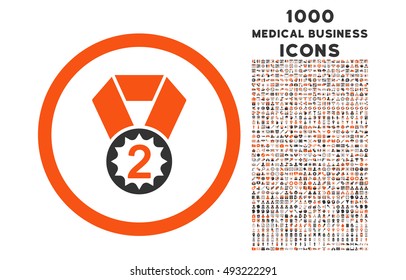 Second Place rounded vector bicolor icon with 1000 medical business icons. Set style is flat pictograms, orange and gray colors, white background.