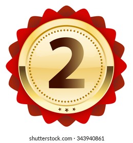 Second place seal or icon. Glossy golden seal or button with red color.