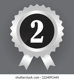 Second place silver icon number ribbon award. 2 silver medal prize winning design. Second best success trophy symbol, place award competition leadership sport achievement victory vector illustration