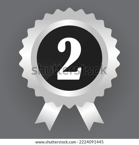 Second place silver icon number ribbon award. 2 silver medal prize winning design. Second best success trophy symbol, place award competition leadership sport achievement victory vector illustration